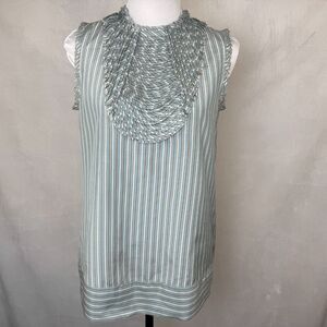 BCBGMaxAzria Top Sz S Crew Pleated Bib Style Neckline Striped Blue Brown Zipper